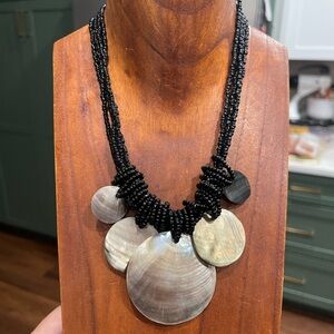 Handcrafted Black Beaded Necklace with Iridescent mother of pearl Shell Discs